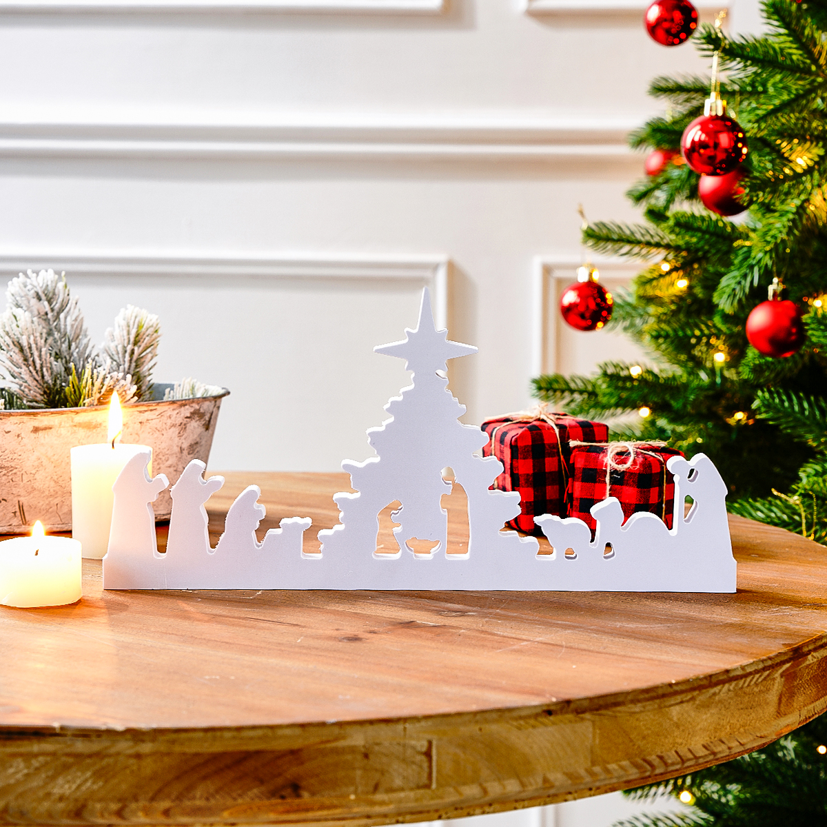 Simple White Nativity Silhouette, Snowflake Board Christmas Home Desktop Decorative Item