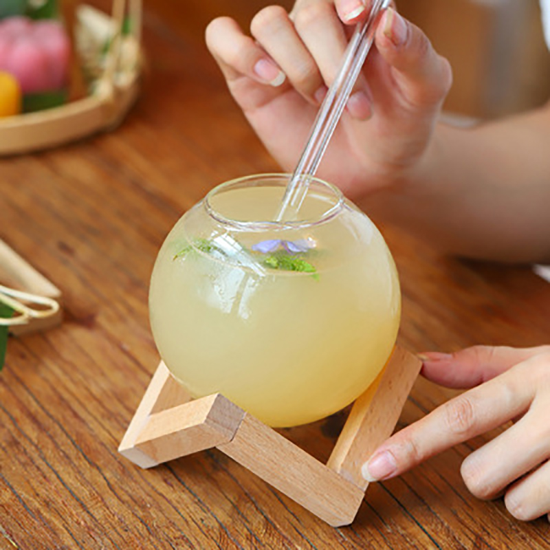 Round Ball Cocktail Mug with Wood Stand Fruit Moon Juice Tumbler