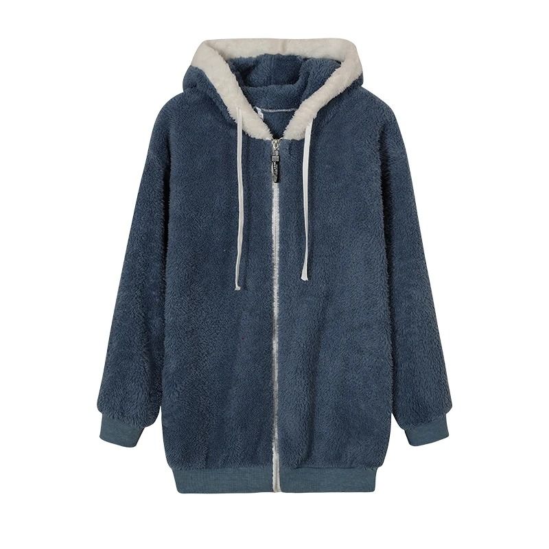 Cozy Womens Plush Hooded Jacket Loose Zip Up Winter Fleece Coat