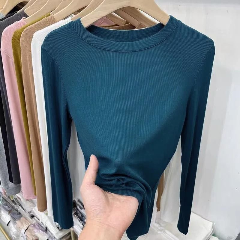 Womens Slim Fit O-Neck Long Sleeve Basic T-Shirt – Stretchy Ribbed Knit Casual Top