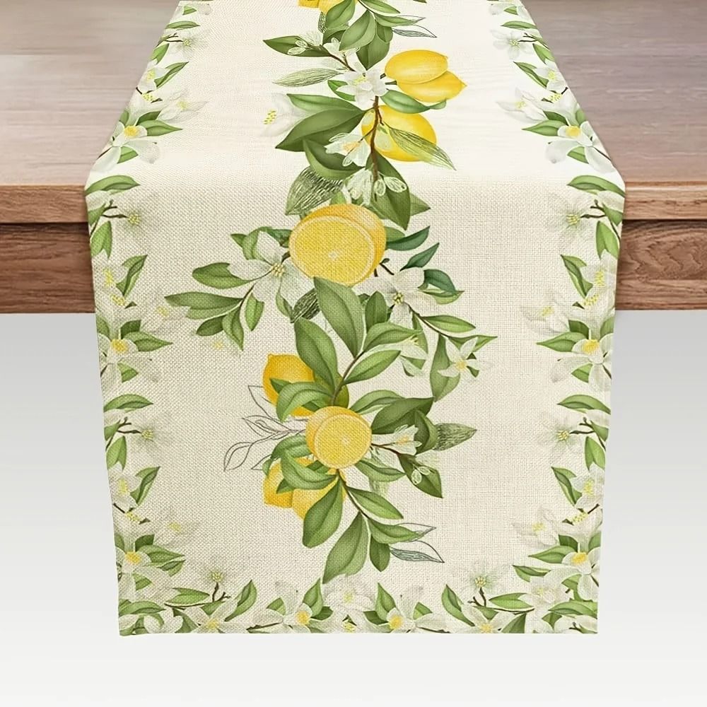 Lemon Floral Linen Table Runner Summer Farmhouse Dining Decor