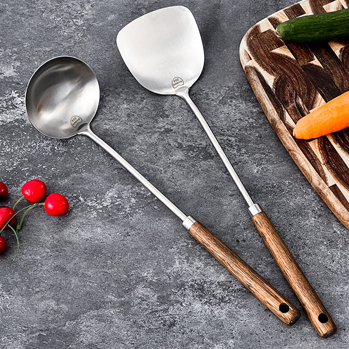 Stainless Steel Turner With Wooden Handle, Heat Resistant Long Handle Soup Ladle Spatula, Kitchen Cooking Utensils