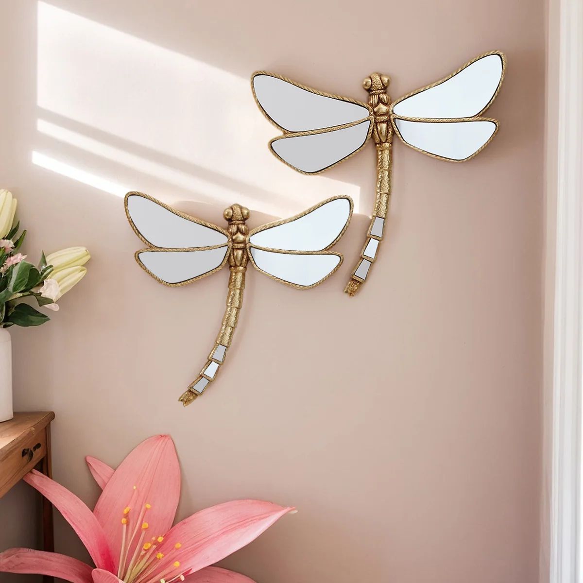 Golden Dragonfly Wall Decor Mirror Finish Resin Art Elegant Home Accent