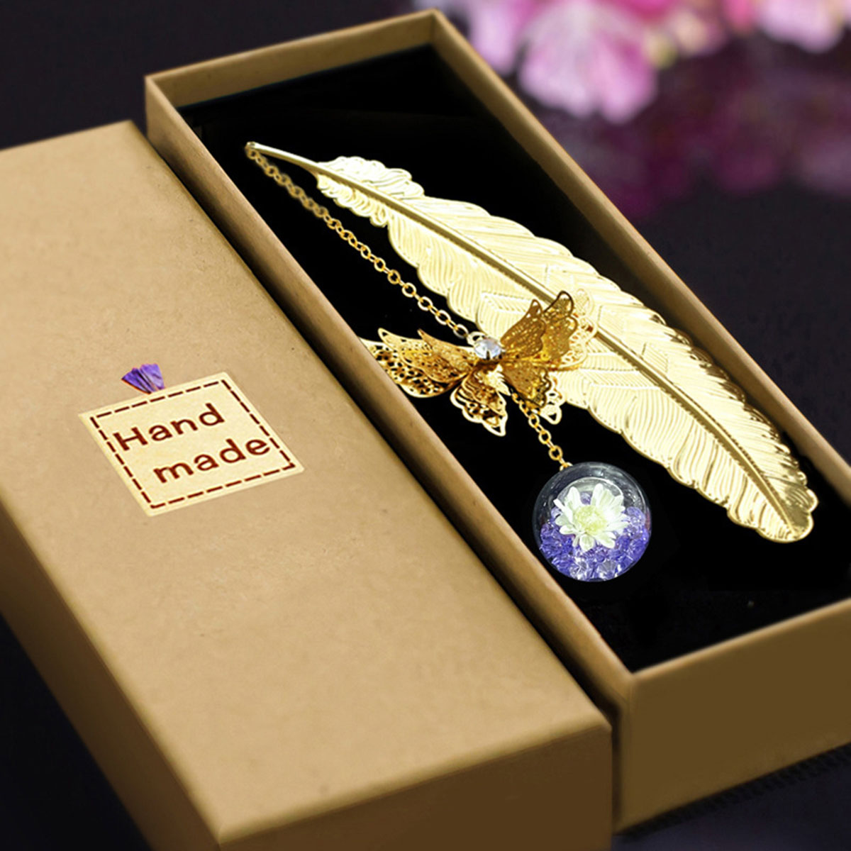 Style Metal Feather Bookmark with Butterfly Leaf and Dried Flower for Teacher's Day and Student Gift