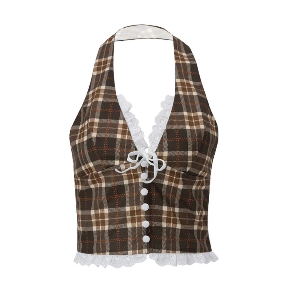 Womens Plaid Halterneck Backless Crop Top – V-Neck Lace Slim Bow Tank
