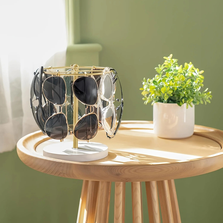 Elegant Sunglasses Storage Stand with Wooden Bottom, Metal Glasse Stand, Holds Pairs of Glasses, Stylish Glasses Display
