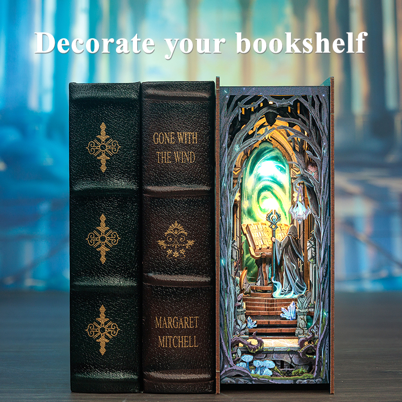DIY Book Nook Kit, Miniature Dollhouse Bookshelf Insert with LED Light & Dust Cover – The Gate of Wonderland