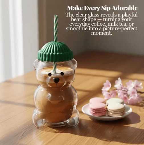 Homey Bear Glass Cup with Lid and Straw 20 oz Cute Bear Coffee and Juice Tumbler