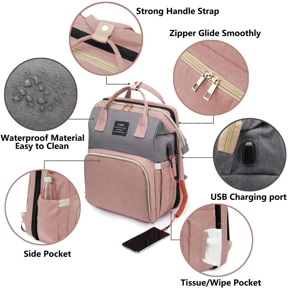 Large Capacity Mom Travel Backpack Diaper Bag with Portable Folding Crib Bed