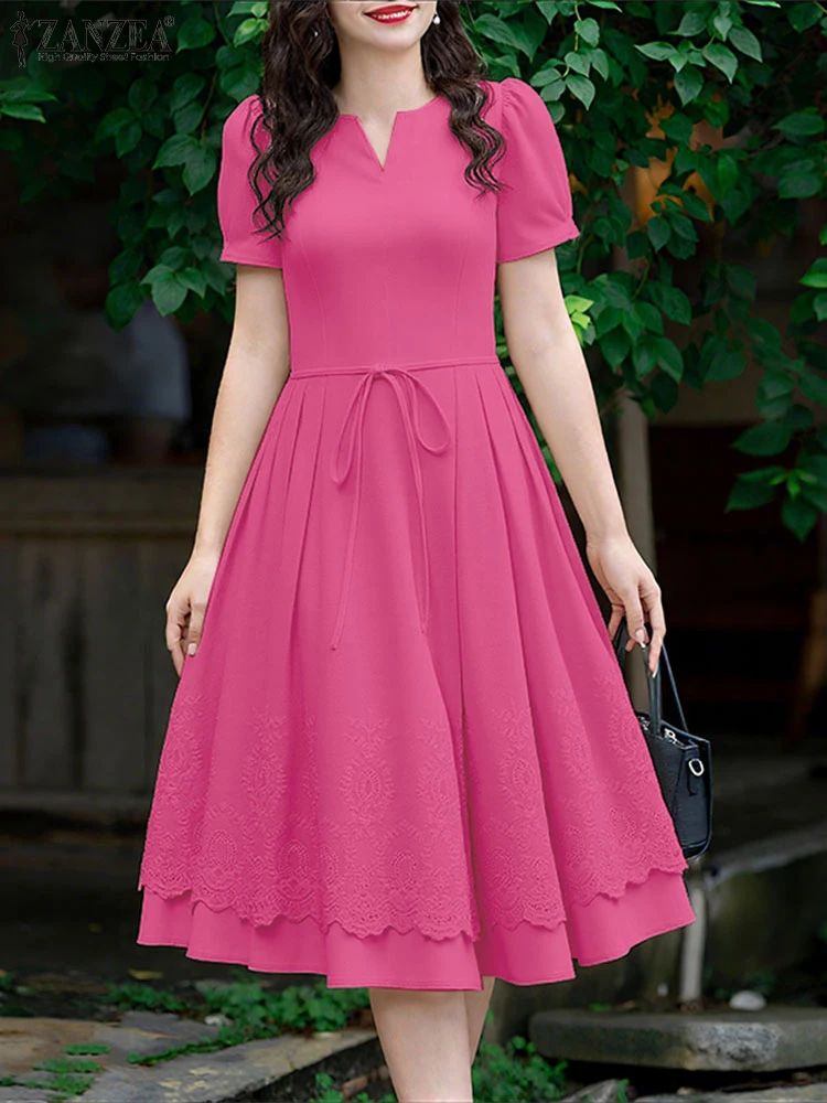 ZANZEA Lace Patchwork Summer Midi Dress with Puff Sleeves – Elegant Casual Sundress for Women