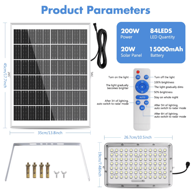 200W Solar Street Light Waterproof Outdoor LED Flood Light with Light Sensor Solar Security Lighting