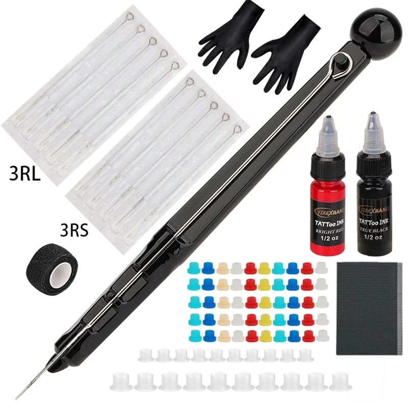 Hand Poke Tattoo Pen and Needle Holder Kit with Ink and Accessories