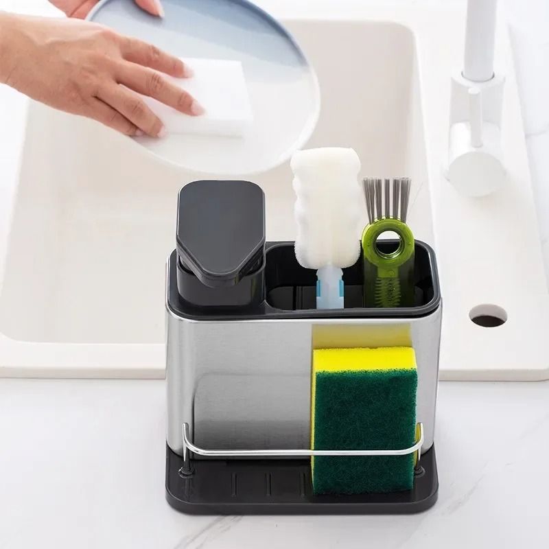 3 in 1 Kitchen Sink Organizer Stainless Steel Soap Dispenser and Sponge Holder