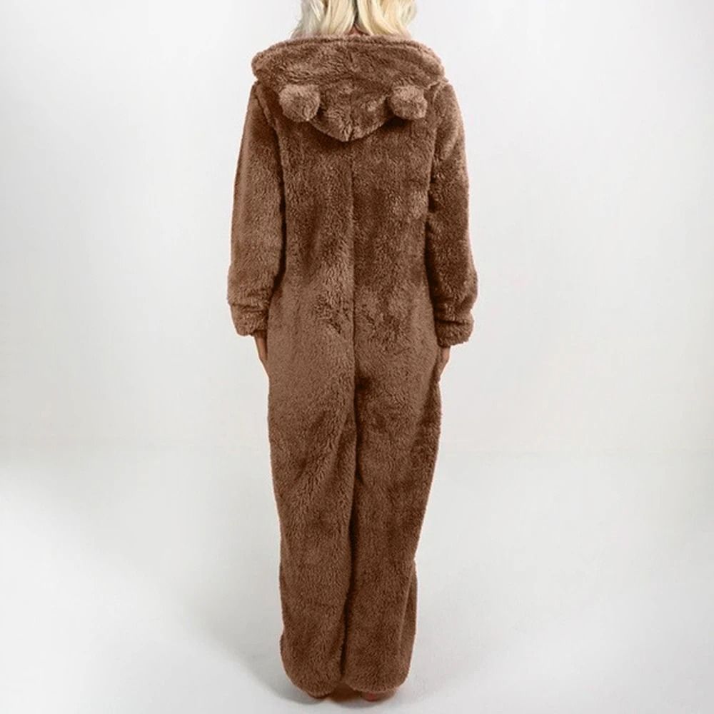 Womens Plush Flannel Pajama Romper Hooded Long Sleeve Winter Sleepwear Onesie