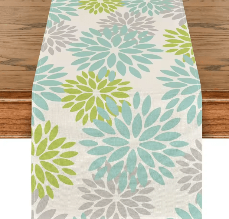 Blue Dahlia Floral Linen Table Runner – Elegant Spring Summer Farmhouse Table Decor