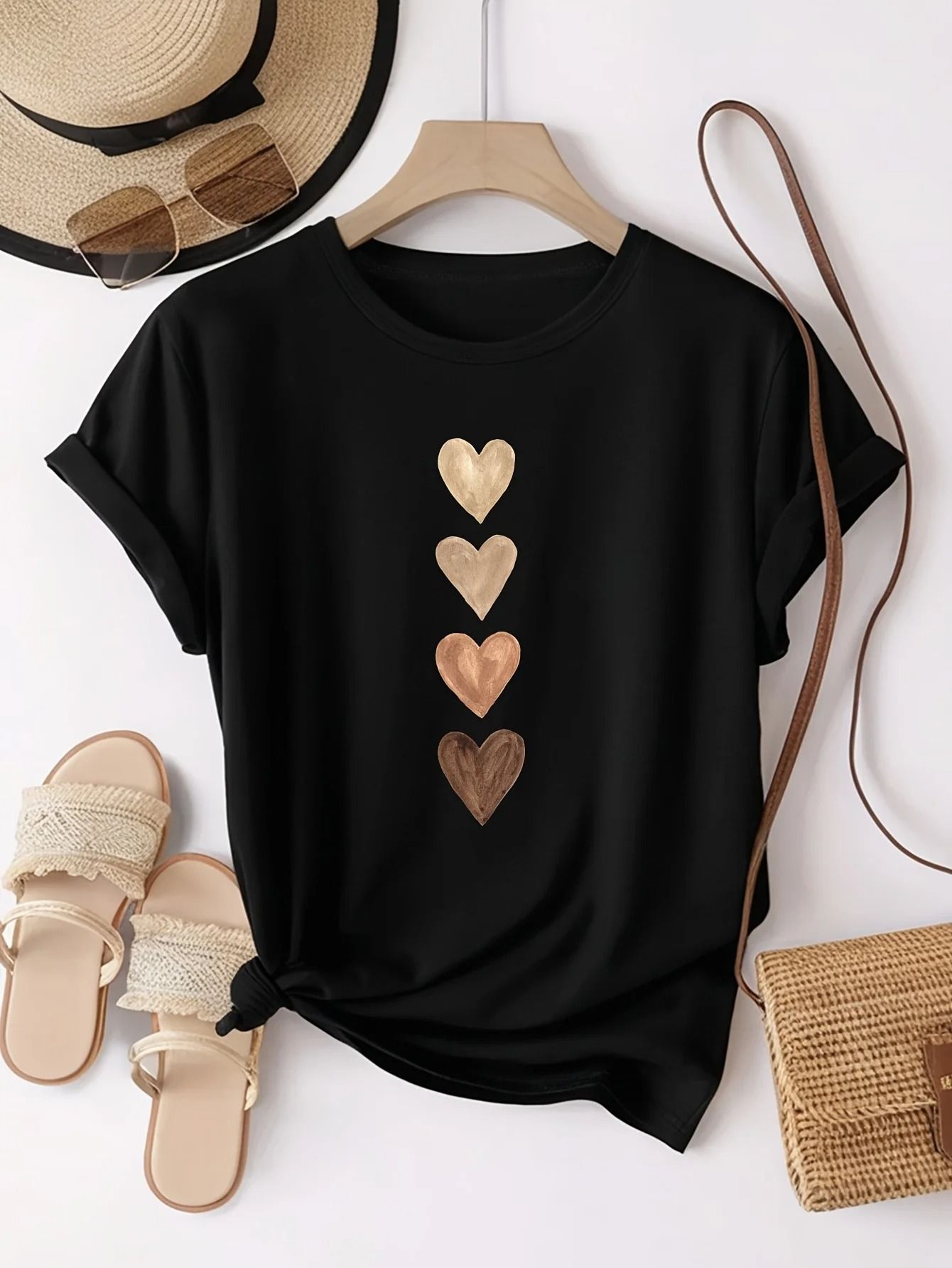 Womens Casual Short Sleeve T-Shirt with Four Heart Graphic Print Black and Golden