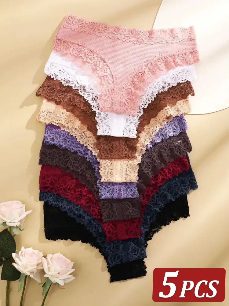 5pcs LaceBloom Cotton Panties Set – Soft Floral Lace Patchwork Women's Briefs