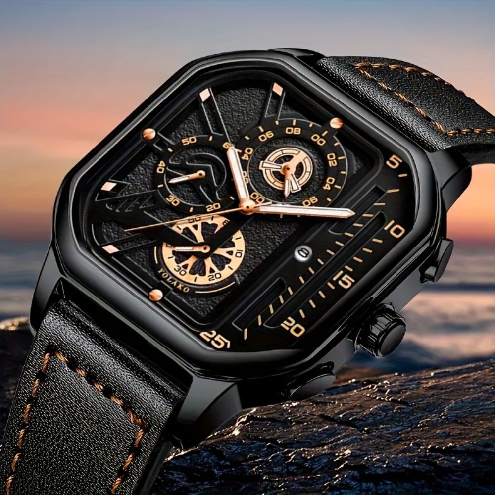 Luxury Big Dial Men Square Watch, Casual PU Leather Strap, Men Sports Watches