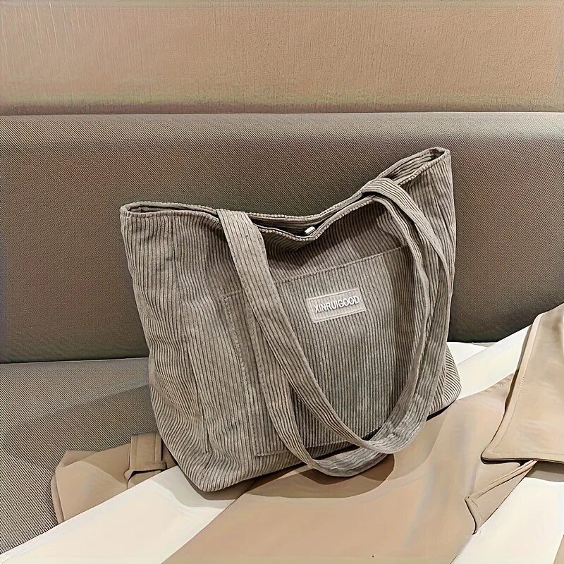 Large Capacity Corduroy Tote Bag Trendy Solid Color Shoulder Handbag with Front Pocket for Women