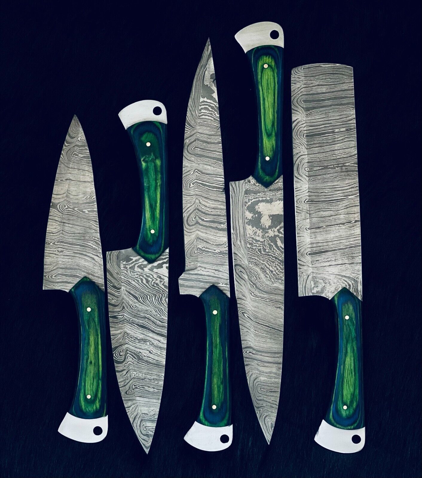 Handmade Damascus Steel Kitchen Knives – Unique Twist Pattern Set