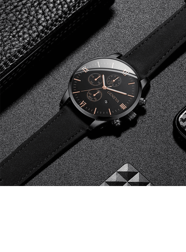 Mens Casual Leather Quartz Watch with Calendar