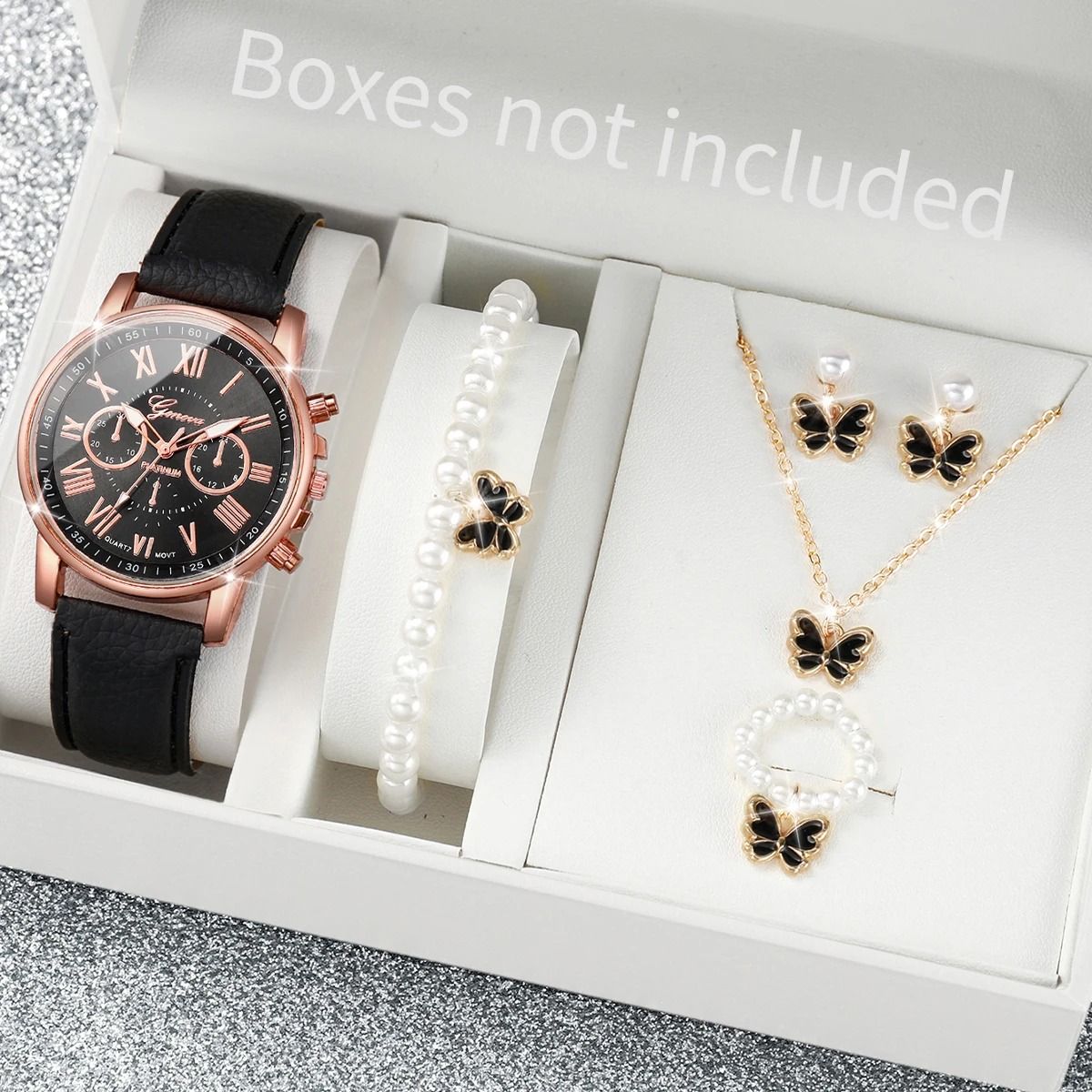 Women Luxury Watch and Jewelry Set Roma Dial Leather Band Quartz