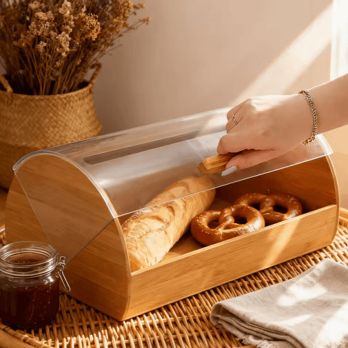 Farmhouse Bamboo Roll Top Bread Box Space Saving Airtight Kitchen Storage with Clear Acrylic Lid