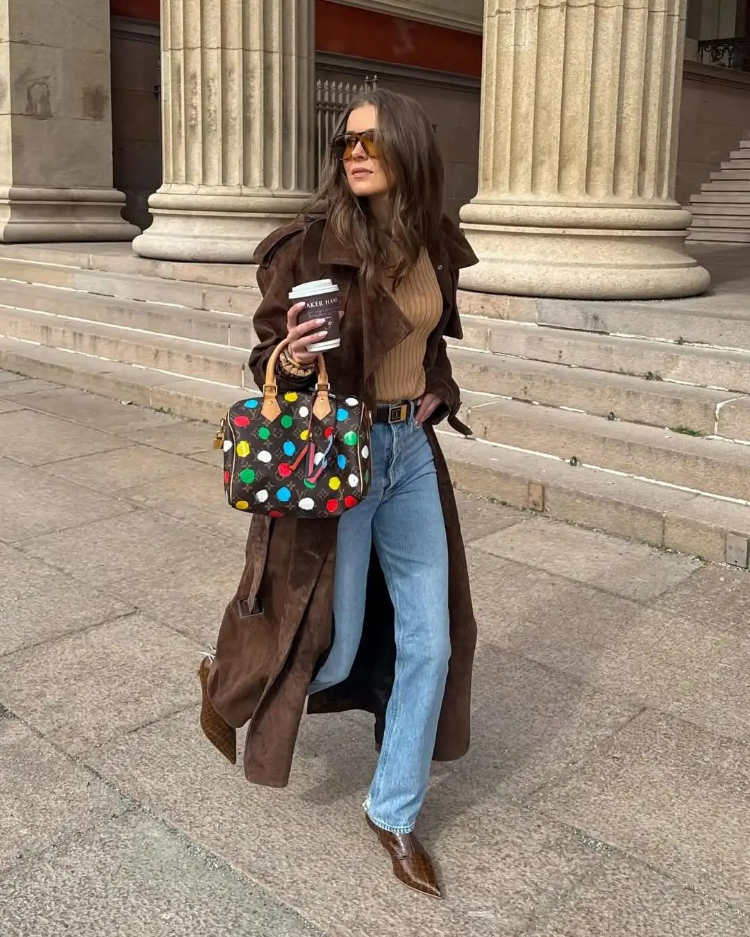 Brown Long Suede Overcoat Women Fashion Solid Lapel Single Breasted Loose Outerwear
