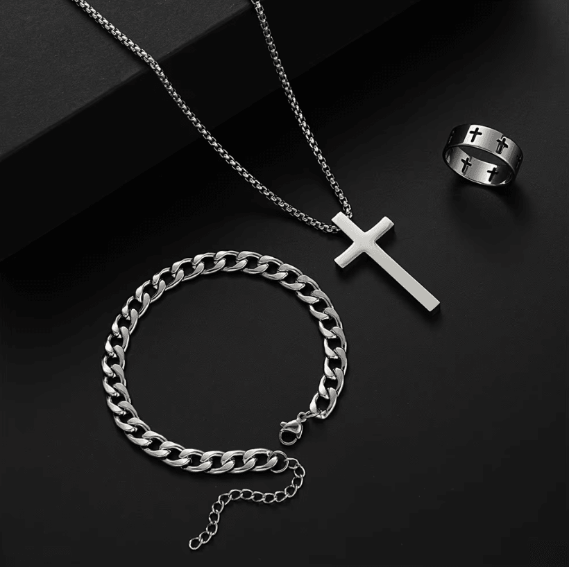 Mens Stainless Steel Cross Jewelry Set Necklace Bracelet Ring Hip Hop Accessories