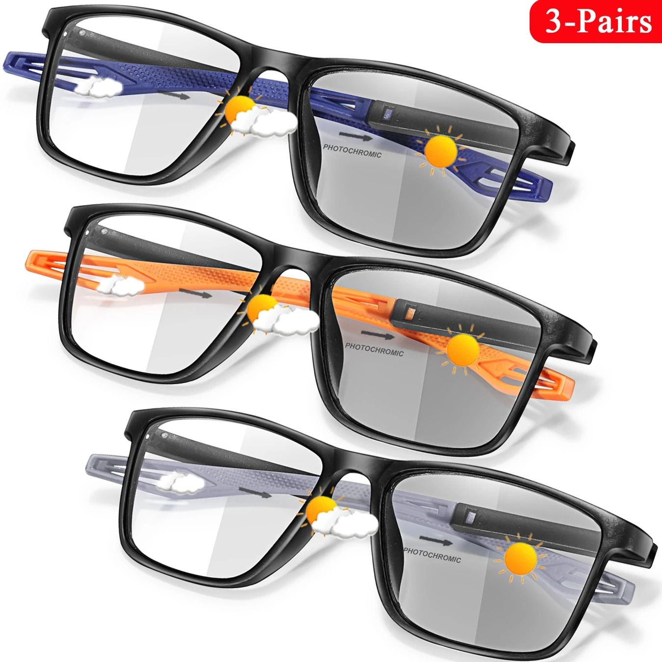 Photochromic Reading Glasses Set With Blue Light Protection (3 Pairs)
