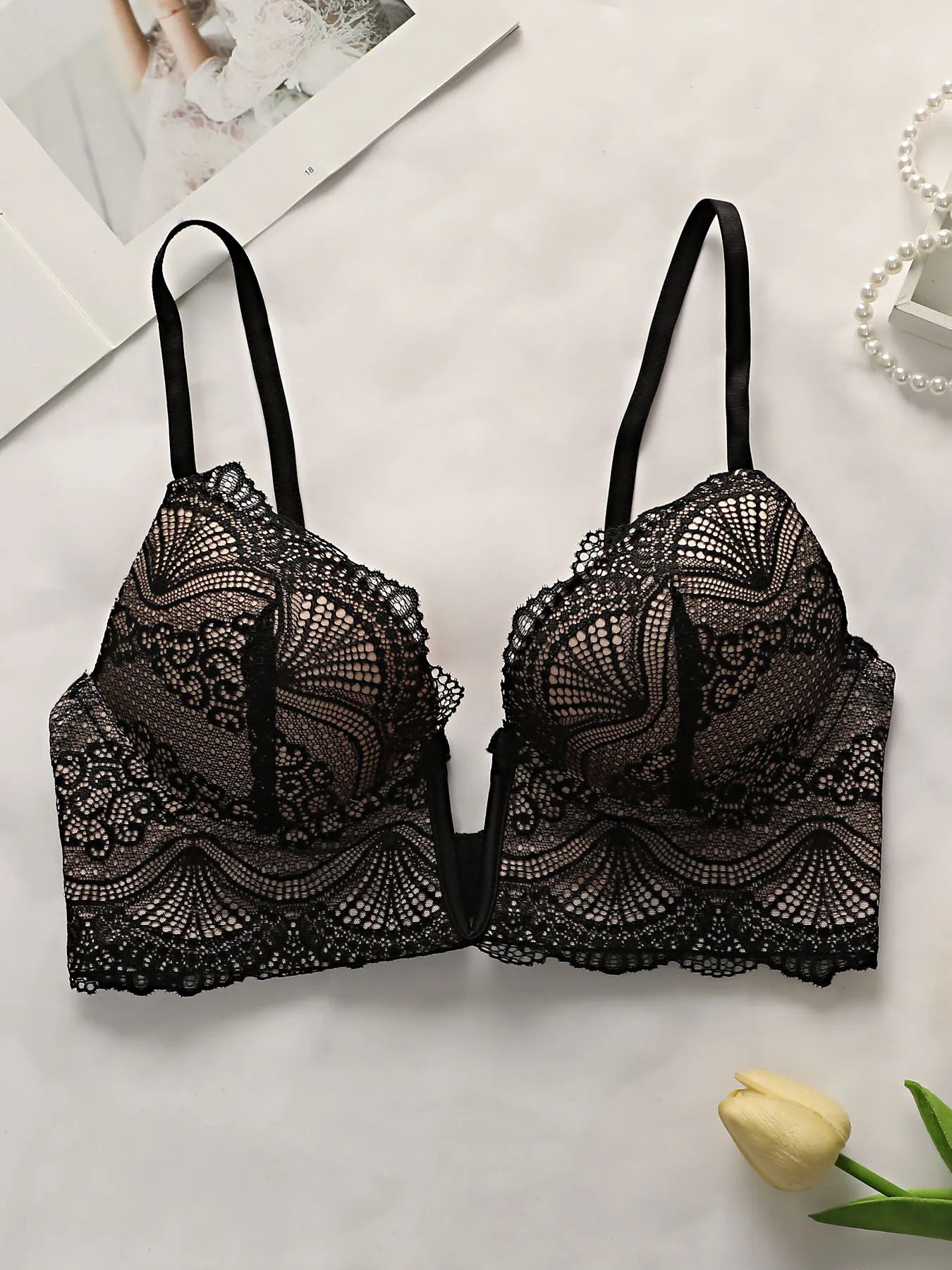 Women Sexy Lace V-Neck Bra with Steel Ring Push Up Full Coverage Lingerie