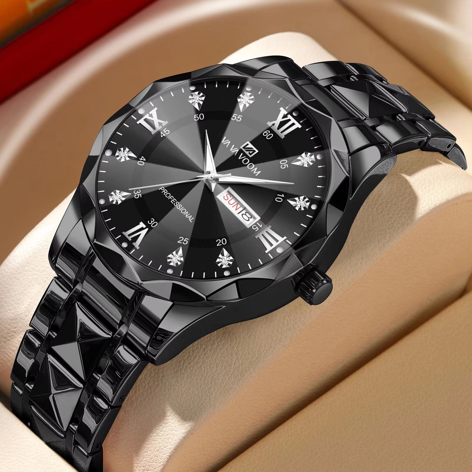Men's Luxury Stainless Steel Watch – Blue Gold Quartz with Night Glow & Double Calendar