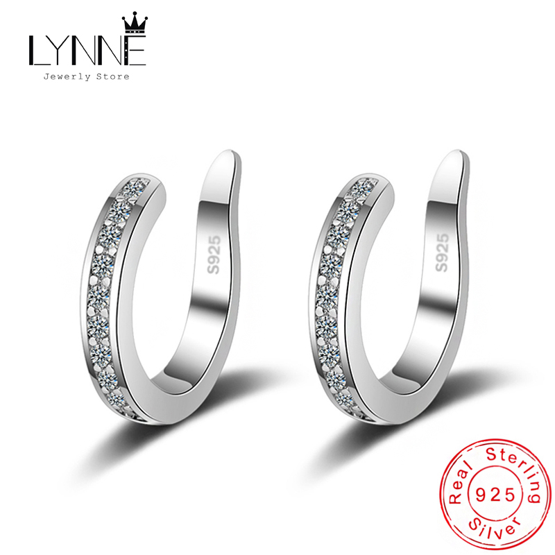Sterling Silver Fashion Fine C Shape Zircon No Hole EarCuff Earrings Women Men Punk Rock Rhinestone Jewelry