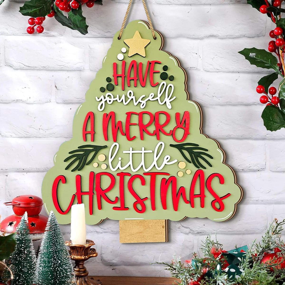 Rustic Wooden Christmas Bell Tree Hanging Ornament