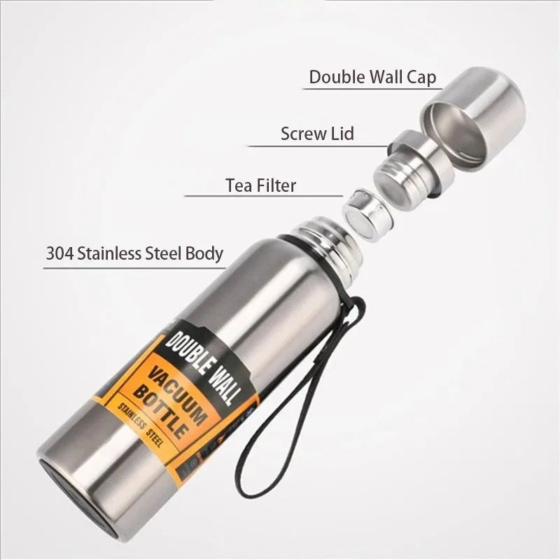 Stainless Steel Vacuum Thermos Bottle with Strainer – Large Capacity Insulated Tumbler with Carry Rope