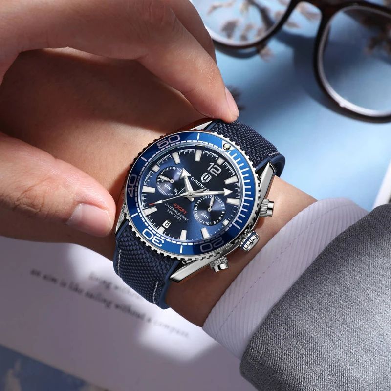 QINGXIYA Luxury Multifunction Chronograph Men's Quartz Watch with Rotatable Bezel