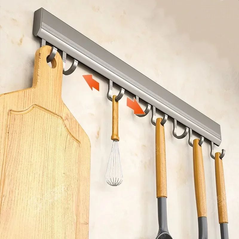Aluminum Alloy Wall Mounted Utensil Rack with Adjustable Hooks, Drill-Free Storage Solution for Kitchen & Bathroom