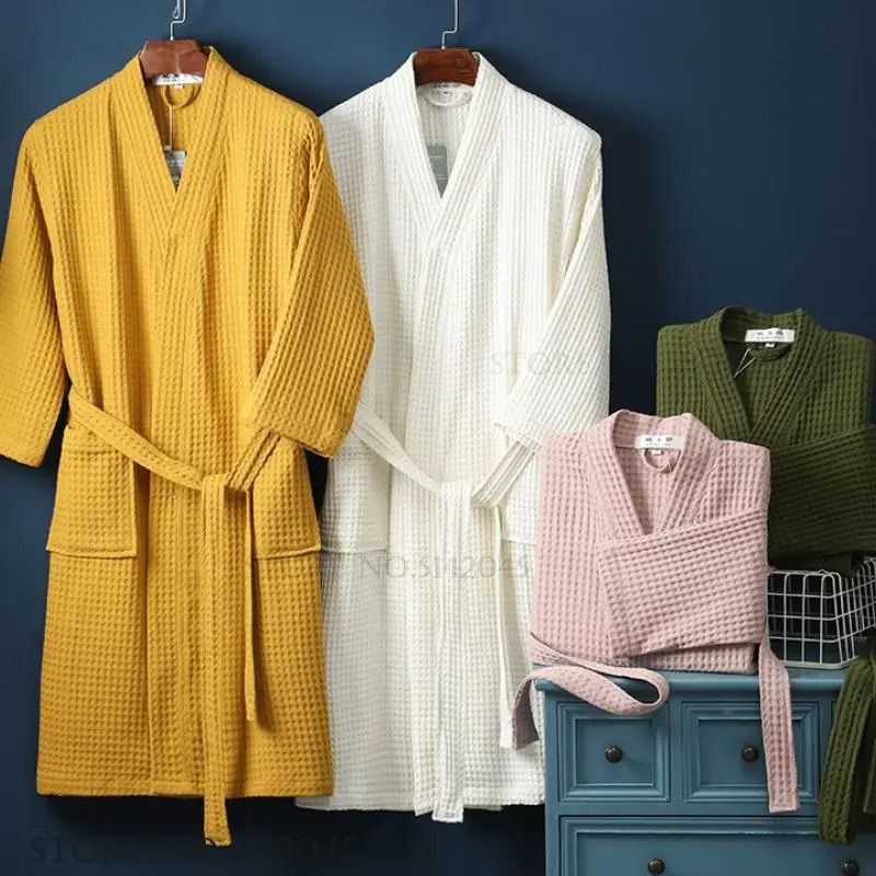 Cotton Waffle Kimono Bathrobe Yukata Style Couple Loungewear