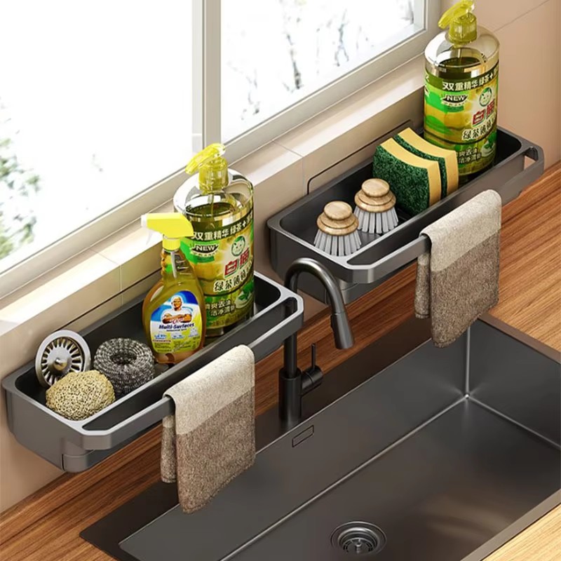 Wall-mounted Sink Rack Faucet Storage Rack Adjustable Hole-free Drain Tray Kitchen Sponge Storage Shelf