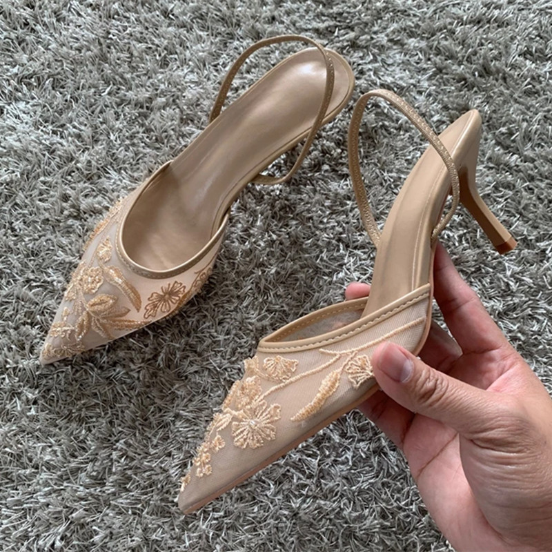 Elegant Black Mesh Embroidery Women Pumps, Sexy Pointed Toe Beaded High Heels & Designer Summer Party Heeled Sandals