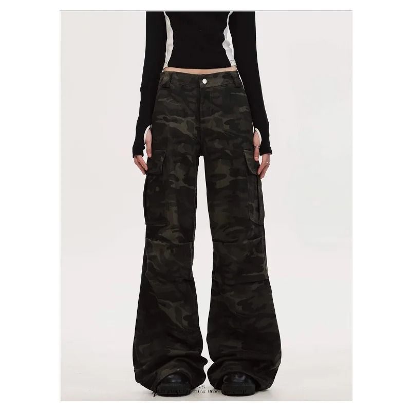 Womens Wide Leg Cargo Jeans Casual High Waist Cargo Pants Multi Pocket Relaxed Fit Denim Trousers