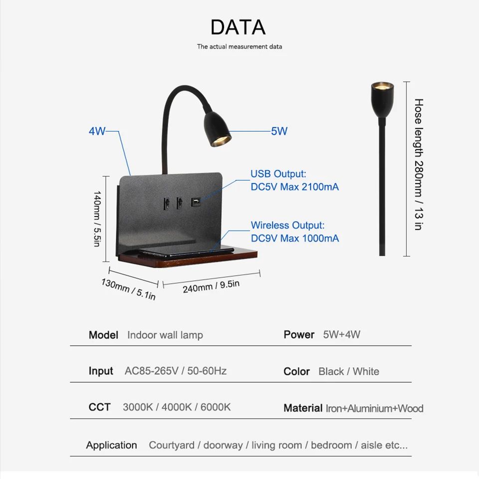 360° Rotatable USB And Wireless Charging LED Wall Lamp