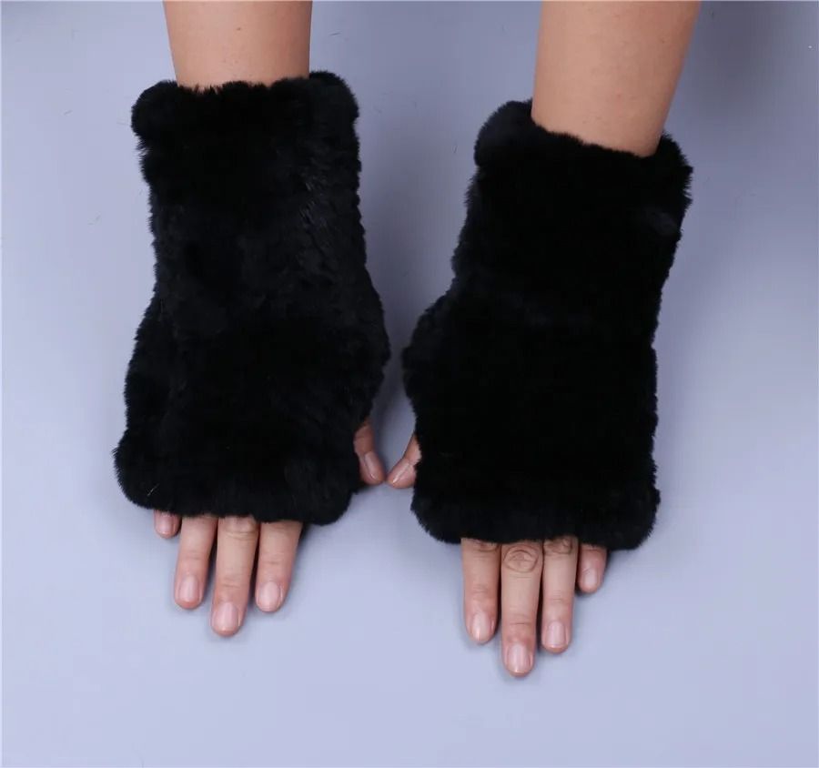 Luxury Rex Rabbit Fur Fingerless Gloves Fluffy Womens Winter Wrist Warmers