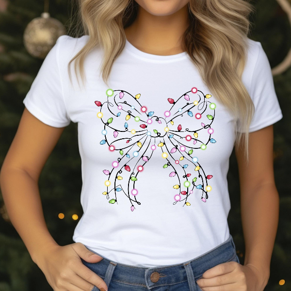 Christmas Lights Coquette Bow Sweatshirt | Funny Holiday Bow Graphic Crewneck Womens Festive Xmas Pullover