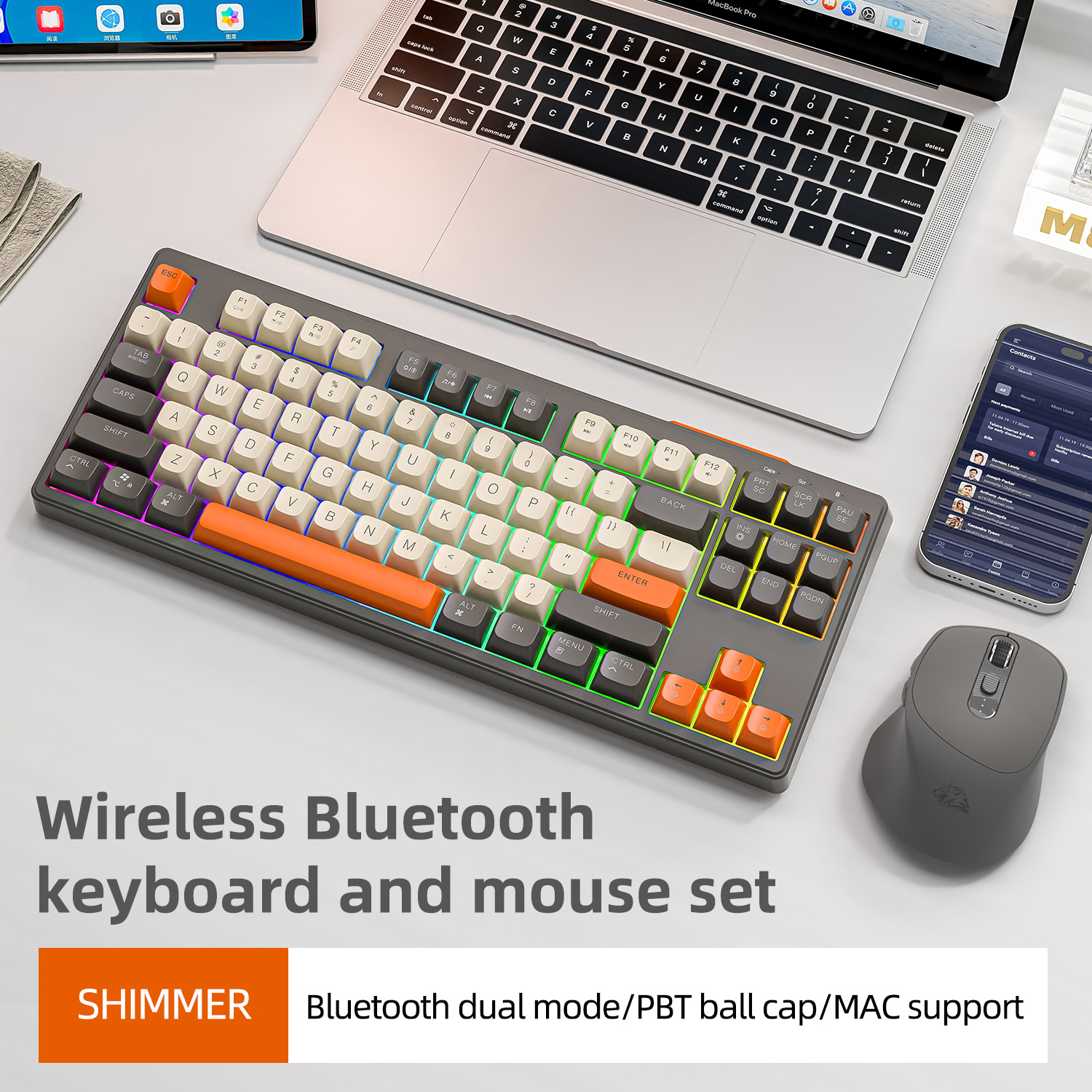 Wireless Keyboard Gaming, Dual Mode Bluetooth Keyboard with Rainbow Light RGB, PBT Ballcaps Silent Office Gaming