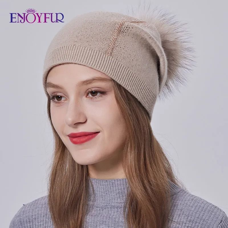 Wool Knit Beanie with Real Fur Pom Pom