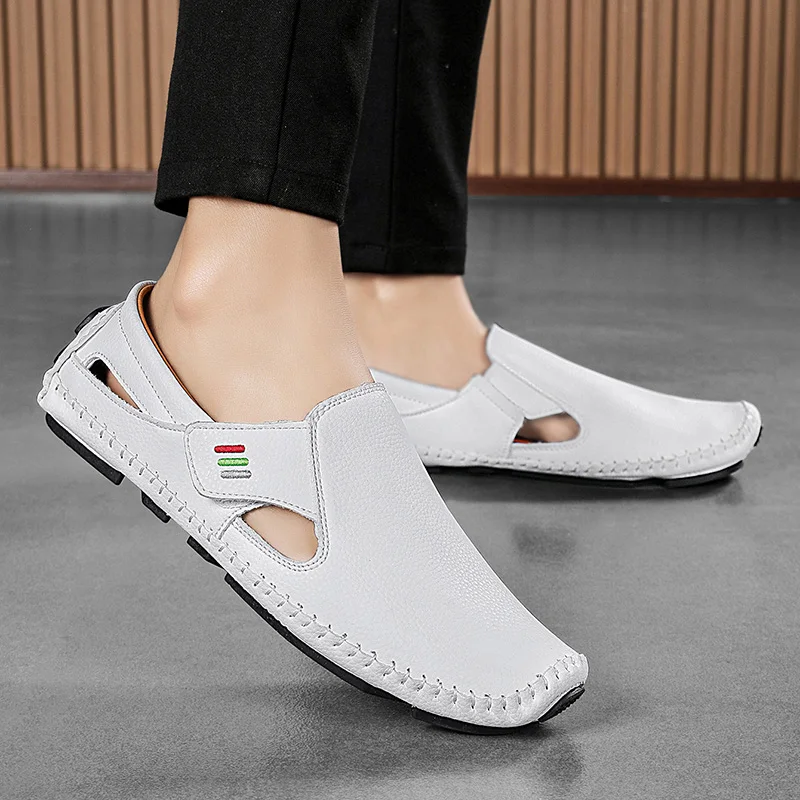 Mens Hollowed Out Leather Loafers, Summer Casual Shoes, Hand Sewn Driving Shoes, Luxo Facon Style Footwear