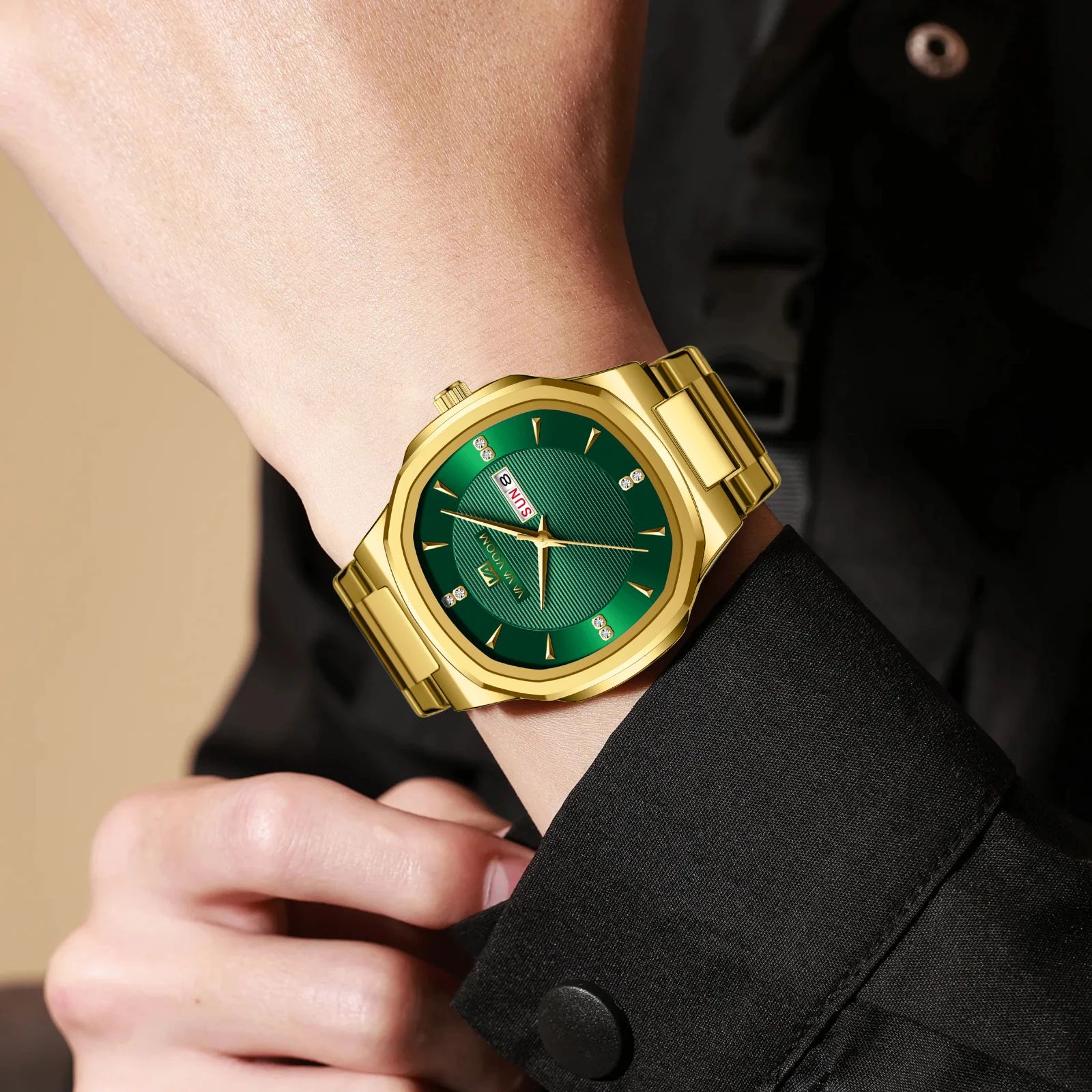 VA VA VOOM Gold Rhinestone Men's Luxury Watch – 41MM Stainless Steel Waterproof Quartz Business Timepiece