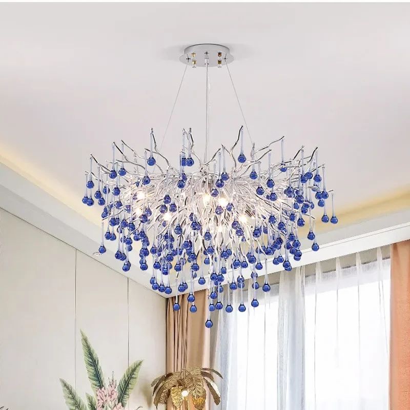 Modern Branch Crystal Chandelier – Luxury Pink & Blue Teardrop Hanging Ceiling Light