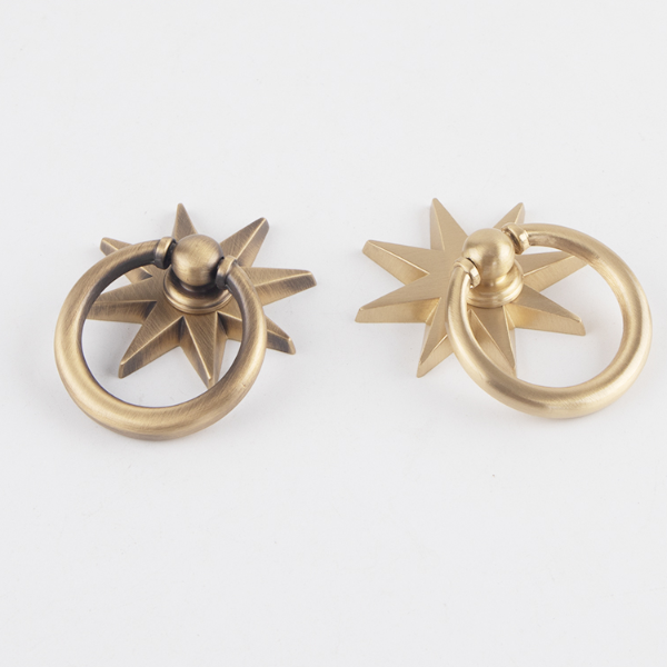 Vintage Star Brass Cabinet Knob Ring Pull Antique Gold Drawer Handle